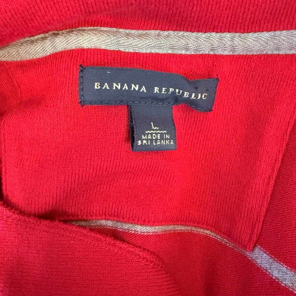 Banana Republic Men's Red Gray Striped Long Sleeve Quarter Zip Polo Shirt Size L